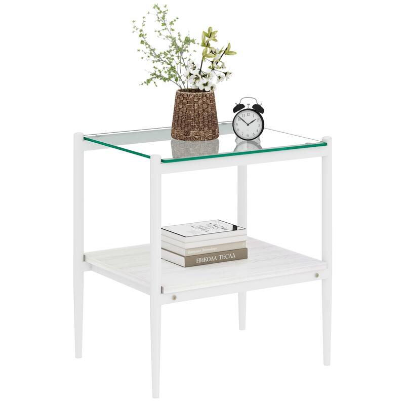 Set of 2 Rectangle End Table Tempered Glass Tabletop with MDF layer