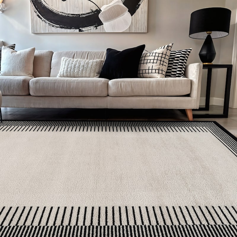 World Rug Gallery Modern Abstract Bordered Area Rug for Living Room, Bedroom, or Entryway - Low Pile Indoor Rug - Cream - Rectangle - 5' x 7'