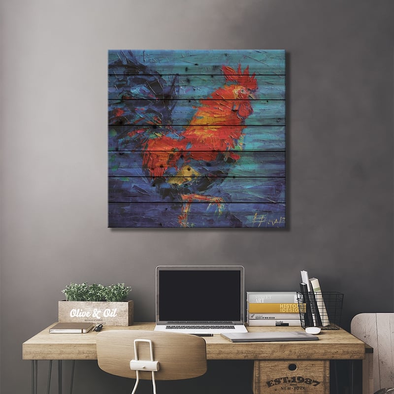Abstract Colorful Rooster Print On Wood by Mona Edulesco - Multi-Color