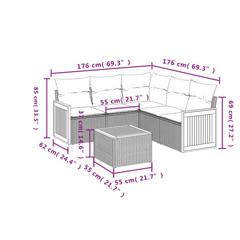 vidaXL 6 Piece Patio Sofa Set with Cushions Gray Poly Rattan - 91.0x27.2x69.3