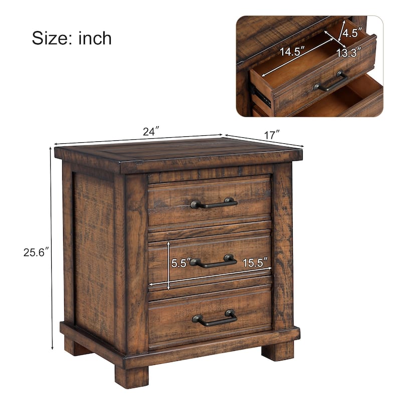 Rustic Finish Nightstand, 3 Drawers Wooden Storage Pantry Cabinets, Home Furniture Decor Bookcase Cabinet Bedside Cupboard