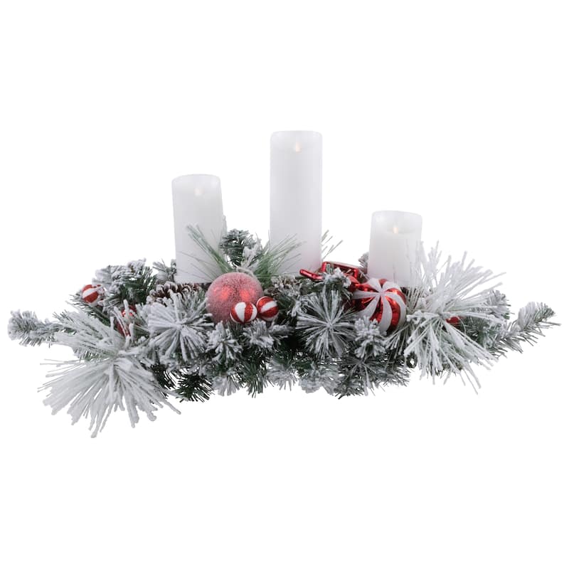 32" Red and White Triple Candle Holder with Flocked Pine and Christmas Ornaments