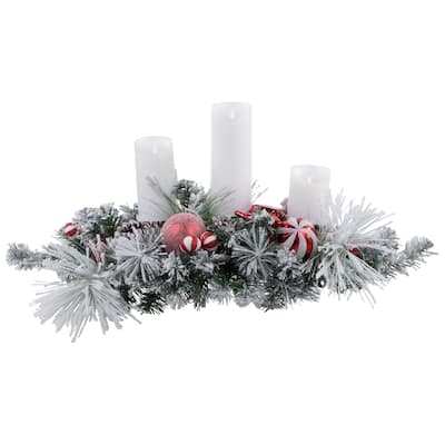 32" Red and White Triple Candle Holder with Flocked Pine and Christmas Ornaments