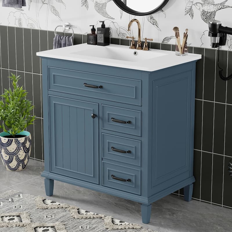 30 Inch Bathroom Vanity with Ceramic Sink Top, Flip Drawers, Freestanding Storage Cabinet (Faucet Not Included)