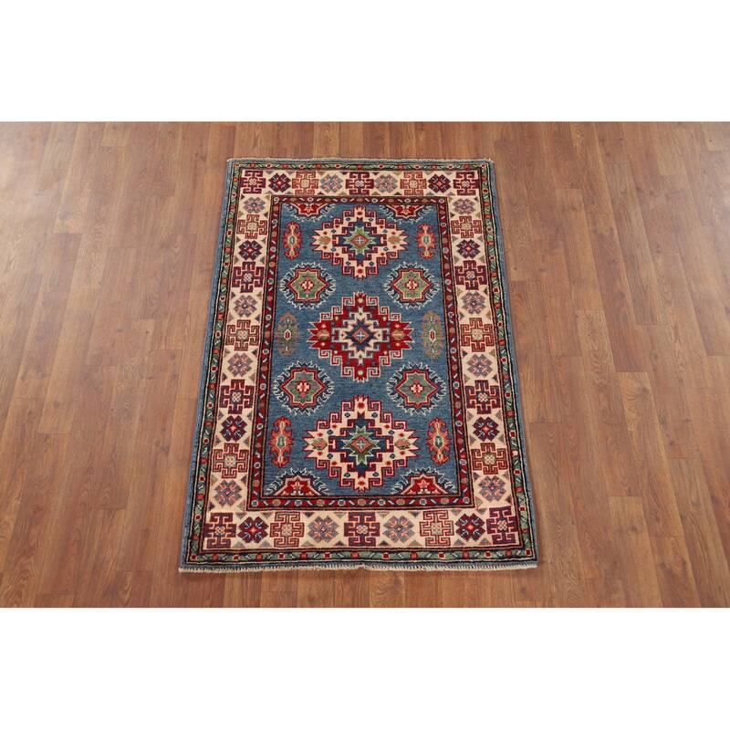 Blue Kazak Foyer Rug Handmade Geometric Wool Handmade Wool Carpet - 2'9" x 4'2"