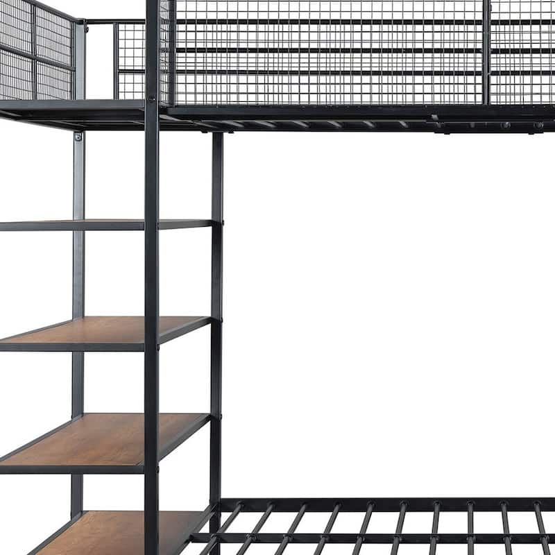HomeRoots Black Twin Over Full Industrial Metal Bunk Bed With Shelves