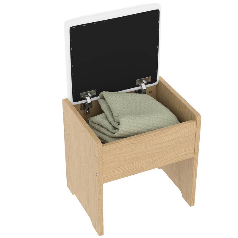 Roomfitters 43.5" Makeup Vanity with LED Lighted Mirror, Fluted Ribbed Drawers, Charging Station, 9 Drawers and Stool, Oak