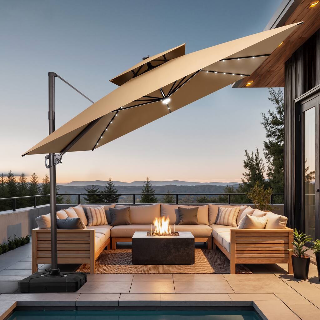 11 FT Square Outdoor Patio Cantilever Umbrella with Solar Lights Wheeled Base Double Canopy 360 Rotation Tilt