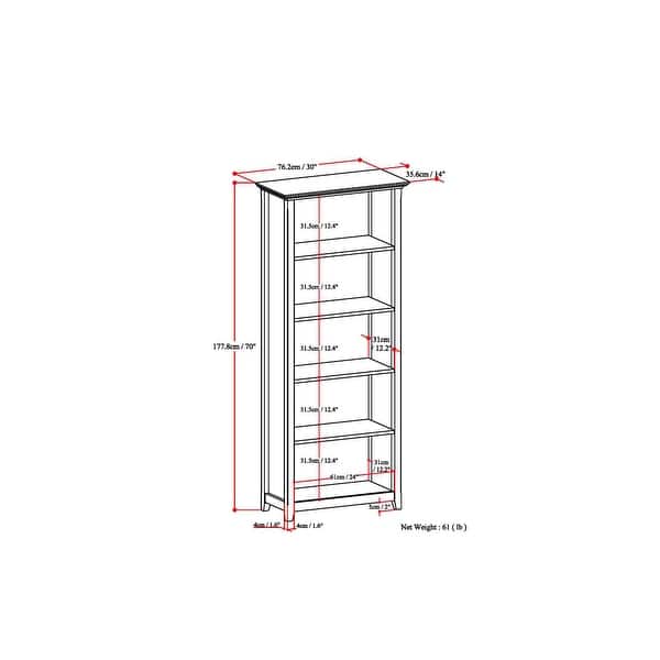 dimension image slide 3 of 4, WYNDENHALL Halifax 30" Wide Solid Wood Transitional 5 Shelf Bookcase - 30"w x 14"d x 70" h