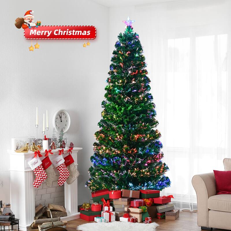 6 ft Fiber Optic Christmas Tree Pre-Lit Multi-Color Auto-Changing Lights with Star Topper and Sturdy Iron Base - 6 Ft