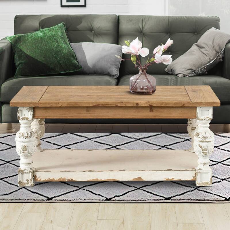 47 Inch Classic Coffee Table, Rectangular, Carved Leg, Bottom Shelf, Brown - 47.2" x 27.6" x 19.7" - Brown-White