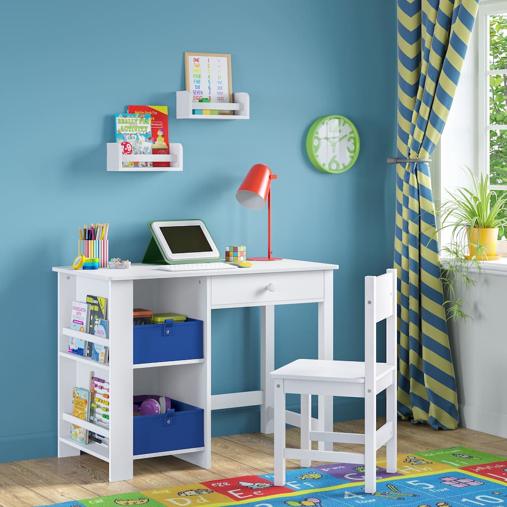 RiverRidge Kids Desk and Chair Set with 2 Art Storage Cubbies, 2 Side Bookshelves, and 2 10" Floating Bookshelves- White