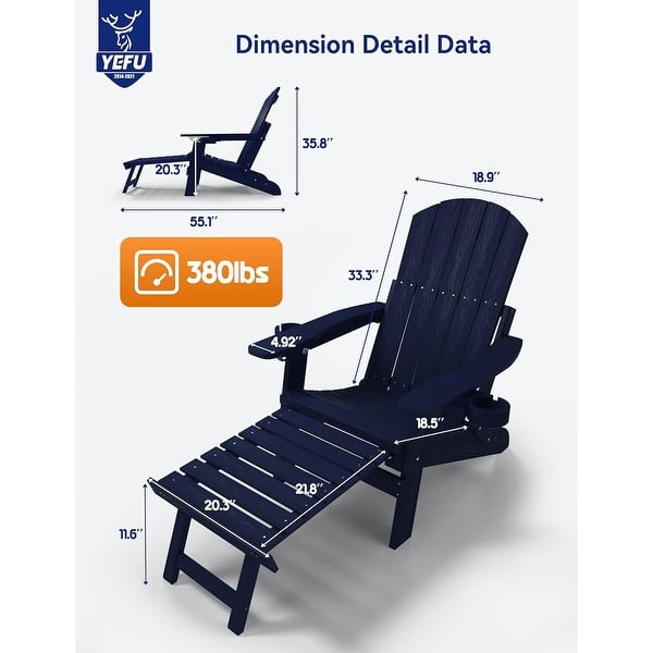dimension image slide 7 of 11, WINSOON All Weather HIPS Folding Adirondack Chair with Ottoman, 5-Gear Adjustable Backrest and Retractable Ottoman Set of 4