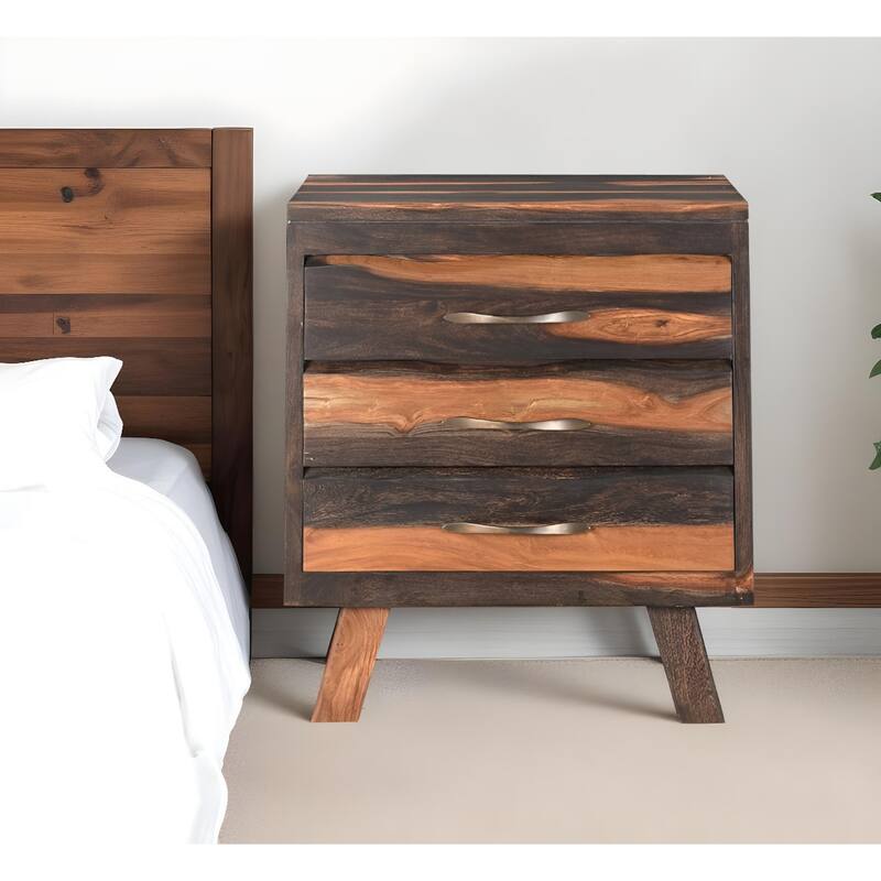 30" Dark Brown Three Drawer Live Edge Solid Wood Nightstand - Dark Brown - 3-drawer