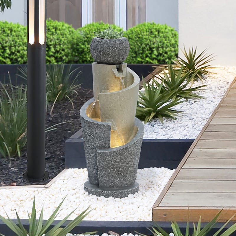 Gray Resin Cascading Spiral Outdoor Fountain with LED Lights