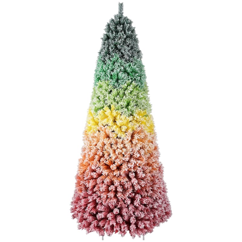 7.5ft Rainbow Gradient Flocked Christmas Tree with 1927 Tips, Artificial Pine with Snowy Finish, Hinged Design and Metal Stand