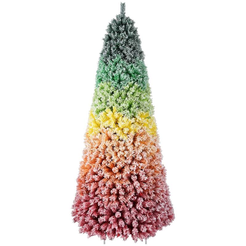 Rainbow Gradient Flocked Tree - Colorful PVC Branches, Snowy Finish, Hinged Design, Metal Stand