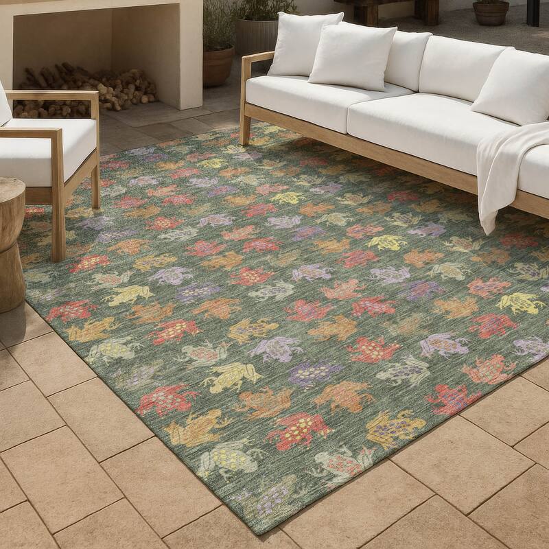 Machine Washable Indoor/ Outdoor Modern Frogs Chantille Rug - Basil - 3' x 5'
