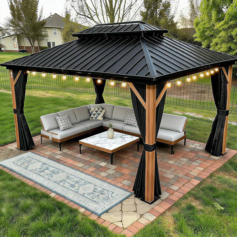 PURPLE LEAF Double Top Outdoor Sunroom Screen House Patio Hardtop Gazebo Wood Grain - 10ft x 14ft - Gazebos With lights