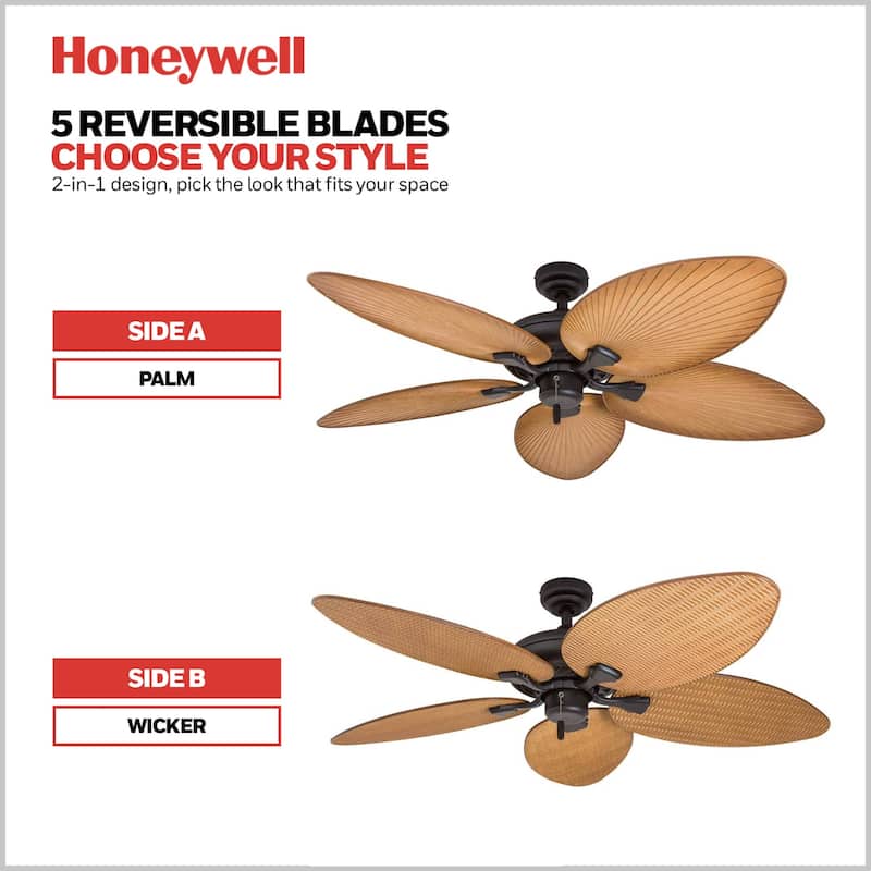 52" Honeywell Palm Island Bronze Indoor/Outdoor Ceiling Fan with No Light, Pull Chain, 5 Palm Leaf Blades, Damp-Rated