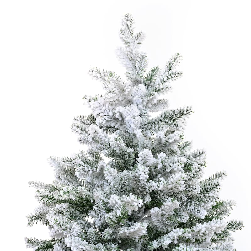Premium 7FT Snow Flocked Hinged Artificial Christmas Fake Spruce with Fluffy Branch White Snow Tips and Metal Stand