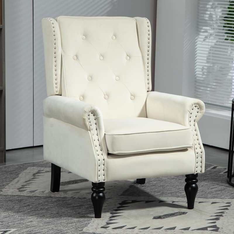 Mid-Century Velvet/Leather Upholstered Tufted Wood Frame Armchair - Beige