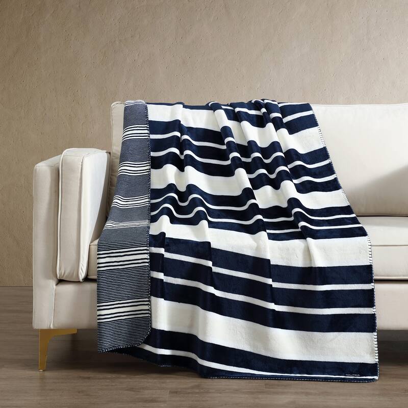 Nautica Plush Fleece Reversible Throw Blanket - Varadero Stripe Blue