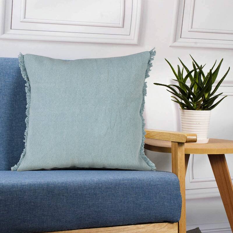 Sevita Light Blue Solid Stonewash Throw Pillow with Fringe
