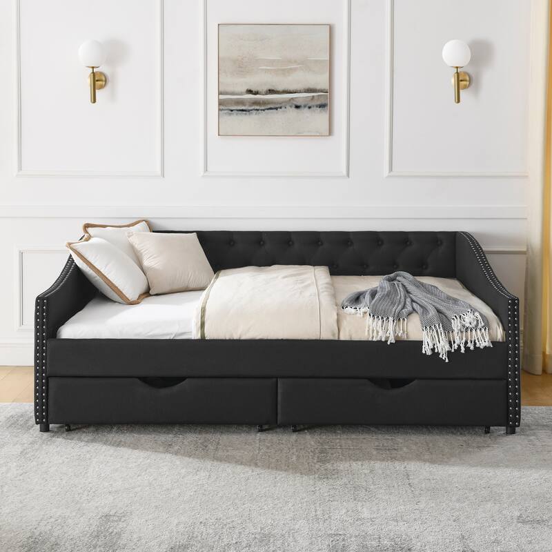 Roomfitters Twin/Full/Queen Upholstered Daybed with Tufted Backrest, Nailhead Trim and Underbed Storage Trundle - Black - Full