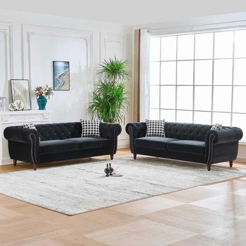 3+3 Seater Chesterfield Couch Set, Velvet Upholstered Deep Seat Sofa Set with Nailhead Trim, Rolled Arms and Tufted Back