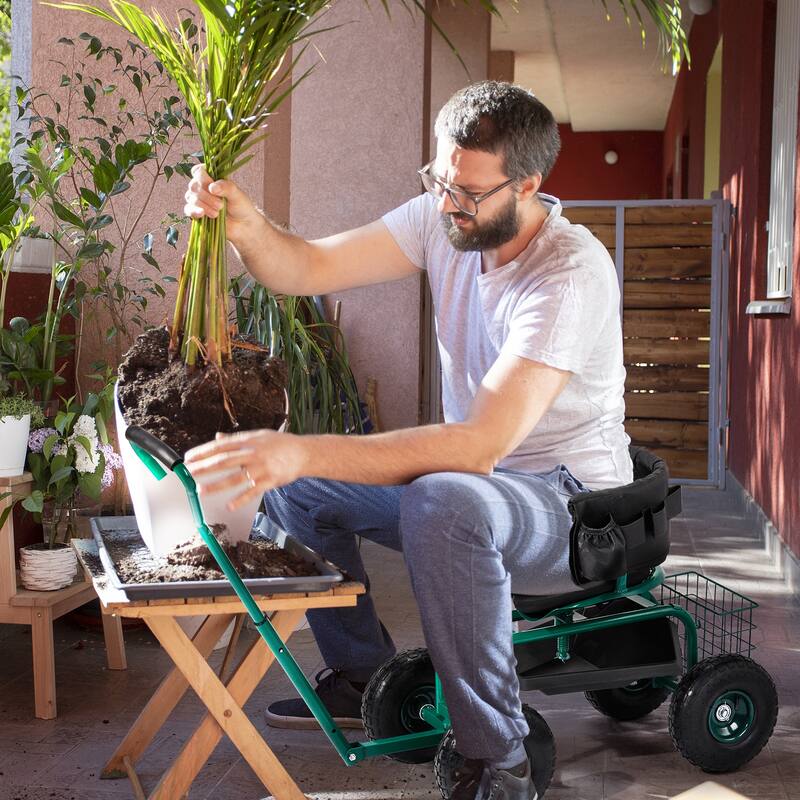 Rolling Garden Cart with Cushioned Backrest & Seat, Outdoor Gardening Stool for Planting, Garden Scooter - 35 x 29.1 x 23.6