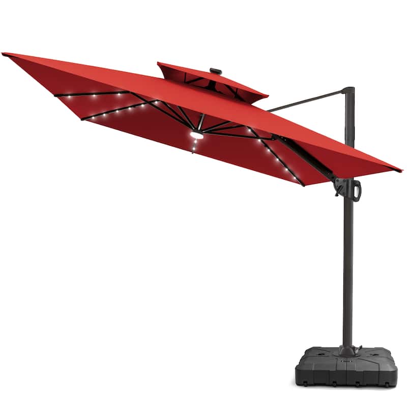 Pellebant 9x11FT Outdoor Dual Top Cantilever Patio Umbrella LED Light with HDPE Base