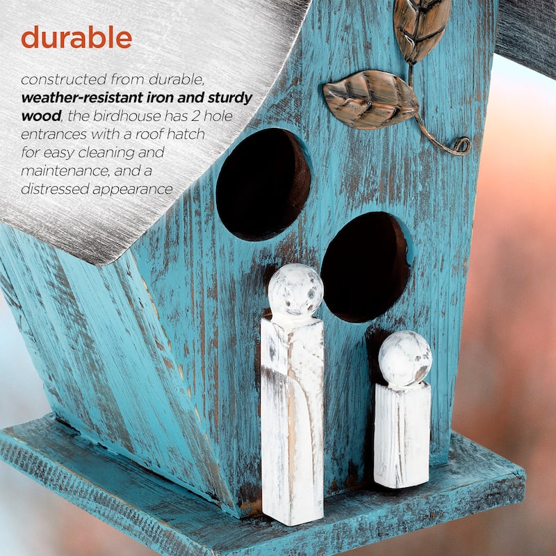 Alpine Corporation 12" Tall Outdoor Hanging Wood and Metal Birdhouse, Blue