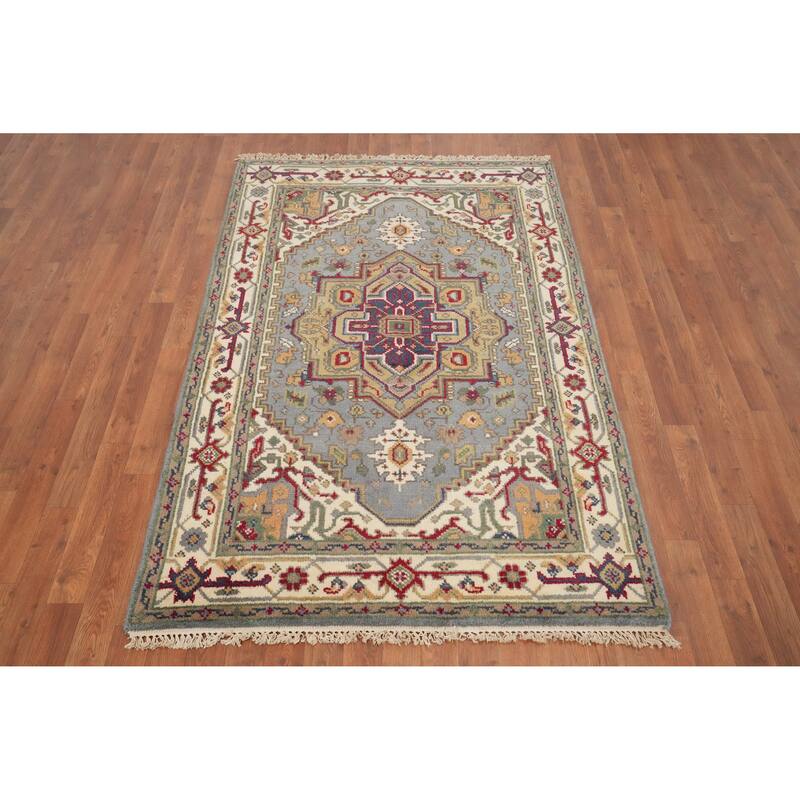 Hand Knotted Oriental 100% Wool Carpet Traditional Medallion Greys & Charcoal Heriz (serapi) Area Rug - 6' 1'' X 4' 0''
