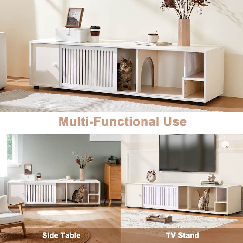 Wood Media Console with Removable Sliding Door, TV Stand with Slatted Doors, Cat-Friendly Compartments