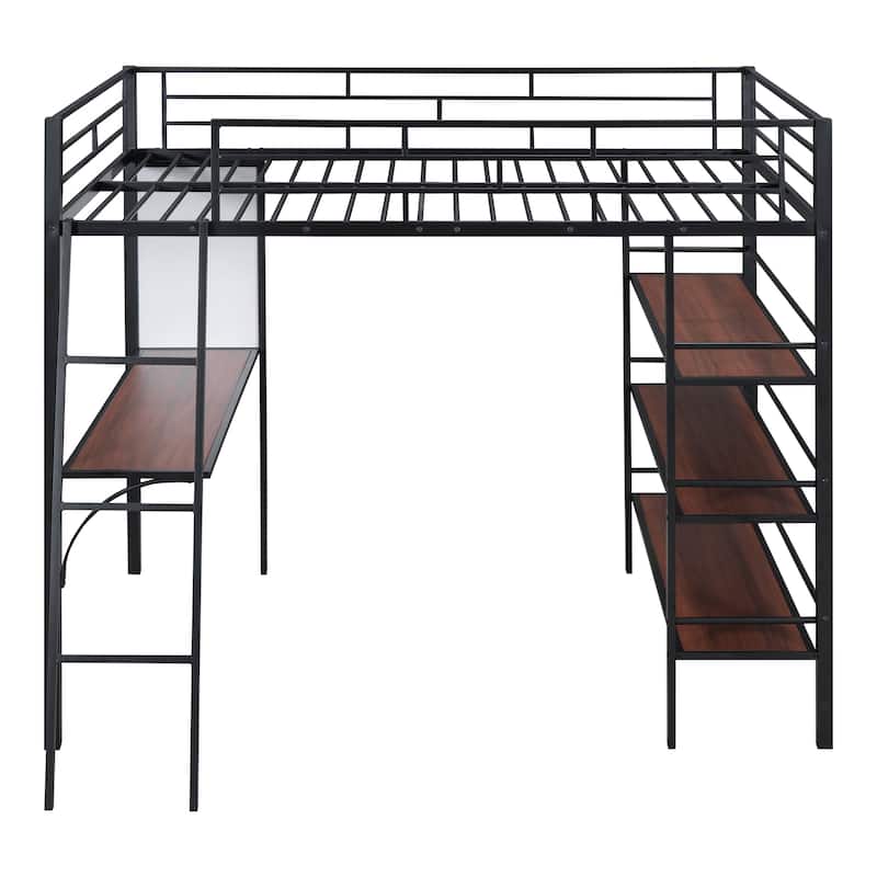 Metal Full Size Loft Bed with Desk,3 Layers of Shelves, Space Saving