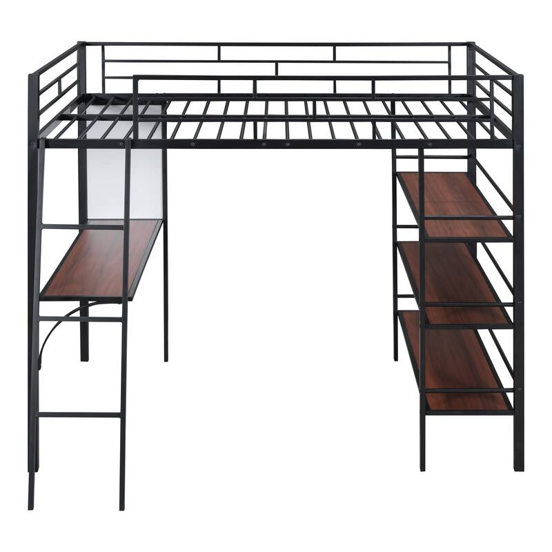 Stylish Twin Size Loft Metal Bed with Shelves, Desk, and Whiteboard - Space-Saving Metal Frame Bed for Work and Play