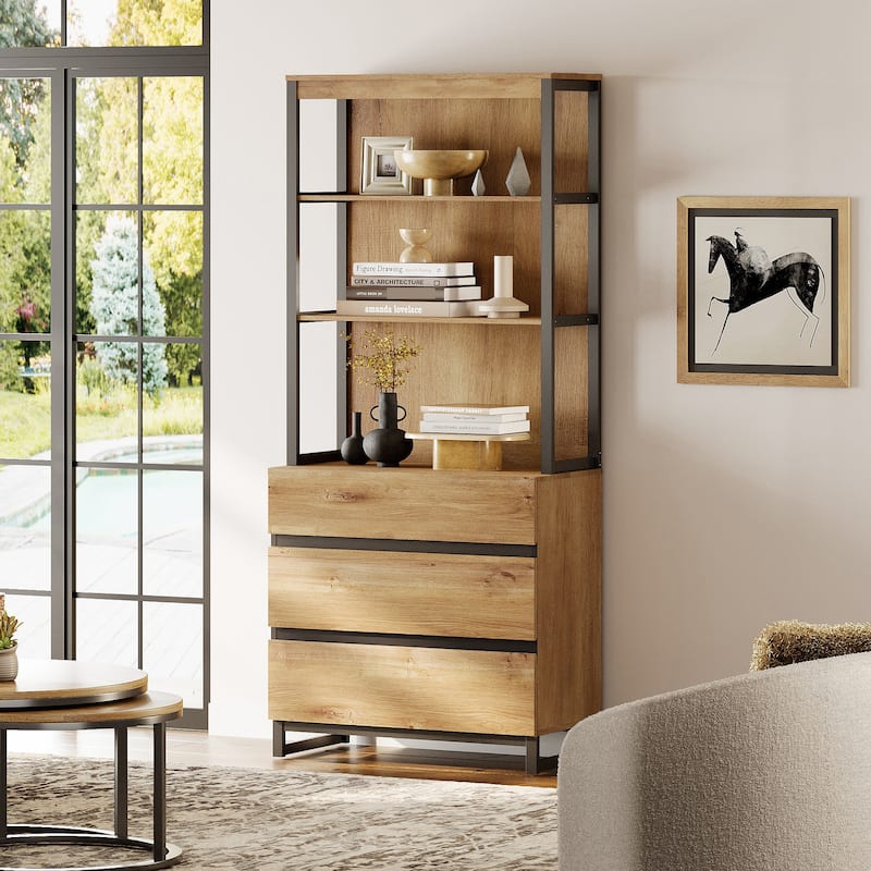 WAMPAT Modern 72" Tall Bookcase with Drawers and Open Book Shelfs, Library Book Shelf for Home Office, Living Room