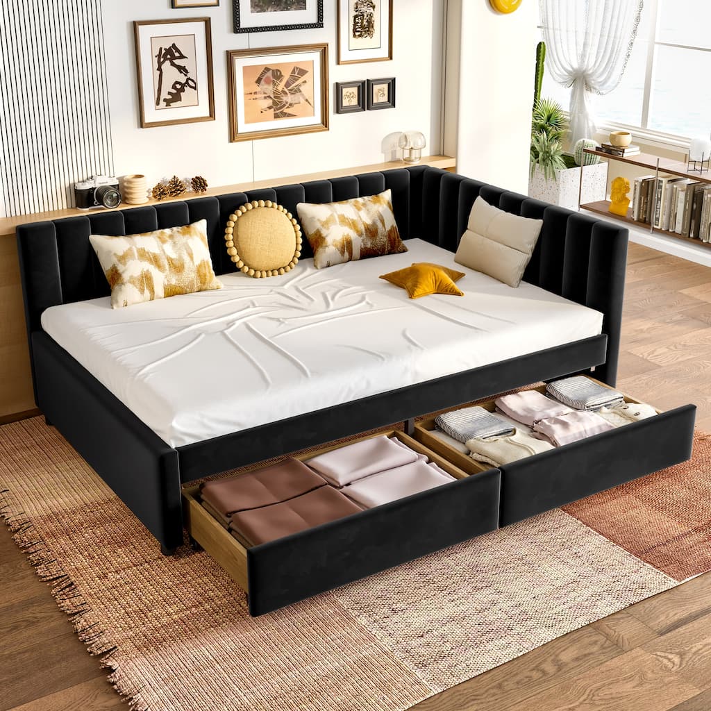 Corner Velvet Upholstered Bed Full Size Daybed with Underbed Storage Drawers and L Shape Headboard for Guest Room