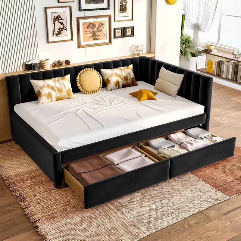 Full Size Upholstered Daybed with 2 Storage Drawers, Velvet Corner Sofa Bed Frame with L Shaped Headboard, No Box Spring Needed - Black - Full