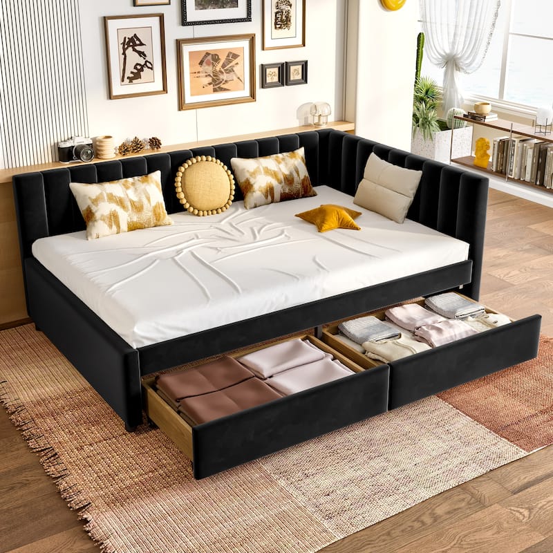 GDFStudio - Modern Velvet Upholstered Corner Daybed with 2 Storage Drawers & L-Shaped Headboard, No Box Spring Needed