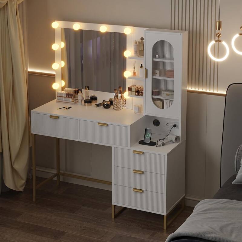 Modern Makeup Vanity Desk with Lighted Mirror, Power Outlets & Storage, Wood Fluted Dressing Table for Bedroom - White
