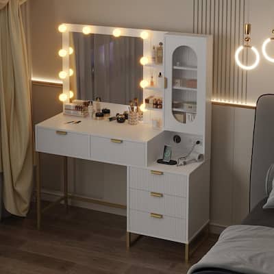 Modern Makeup Vanity Desk with Lighted Mirror, Power Outlets & Storage, Wood Fluted Dressing Table for Bedroom