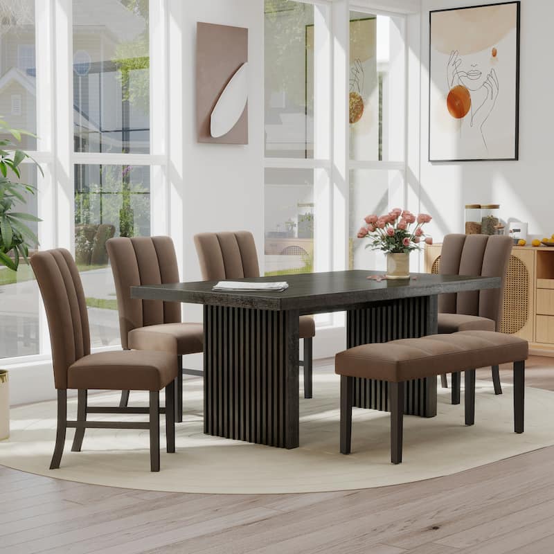 Roundhill Furniture Madison 6-Piece Dining Set, Slat-Fluted Dining Table with 4 Chairs and a Bench, Chocolate