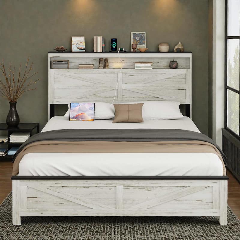 Floating Platform Bed Frame with LED Lights, Charging Station, Headboard & Hidden Storage, No Box Spring Needed