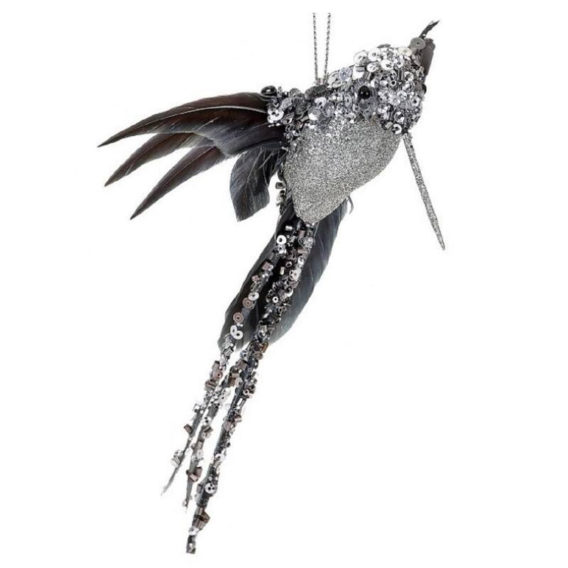 6ct Silver Glitter Sequin Beaded Hummingbird Christmas Ornaments 6.5"