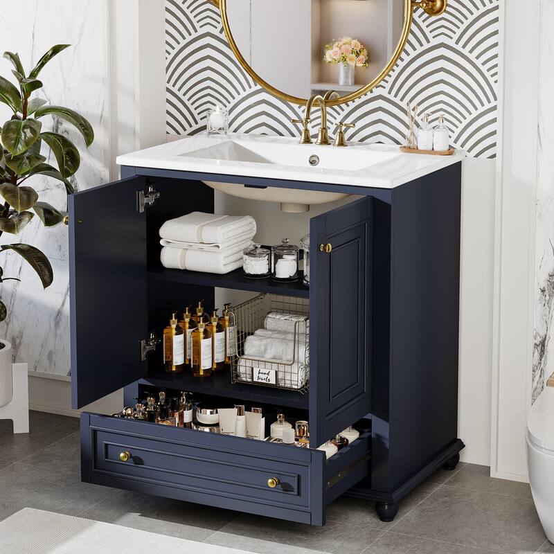 Modern Freestanding Solid Wood Bathroom Vanity with Ceramic Sink, Adjustable Shelf Storage