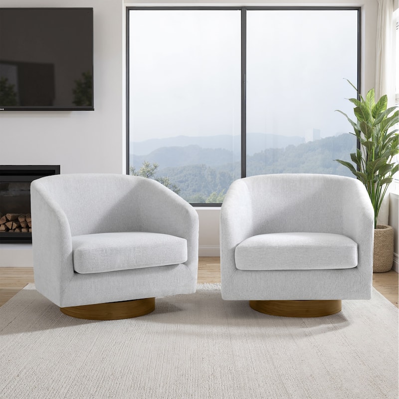2 Set Modern Wide Round Swivel Accent Barrel Chairs - Chenille - Beige/Chenille-Set of 2