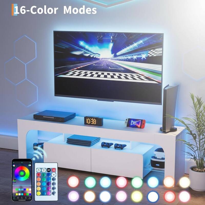 TV Stand with LED Lights, with 2 Drawer & Open Shelf