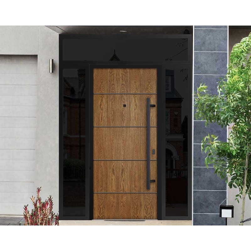 Exterior Prehung Steel Entry Door 0131 Black Enamel 2 Sidelites Top Window Stainless Steel Inserts W16+36+16xH80+16